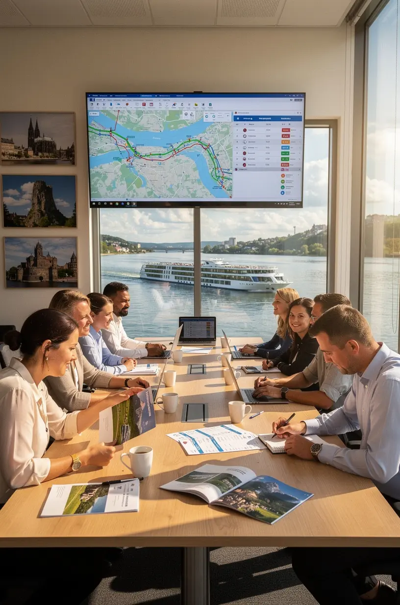 Mitarbeiter am Computer bei der Organisation von Flusskreuzfahrtpaketen und Buchungsdetails