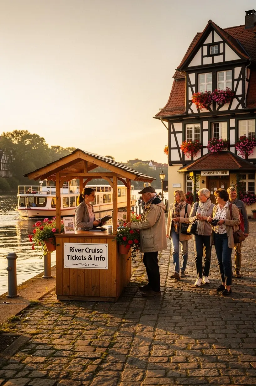 Kundin hält gedrucktes Reisepaket mit Informationen zu Flusskreuzfahrten und Ausflugsmöglichkeiten in Deutschland